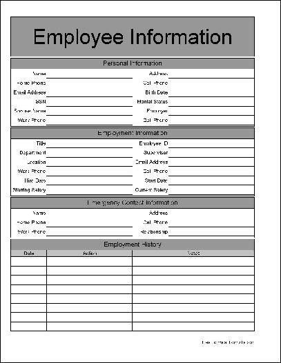 Free Wide Row Employee Information Form from Formville