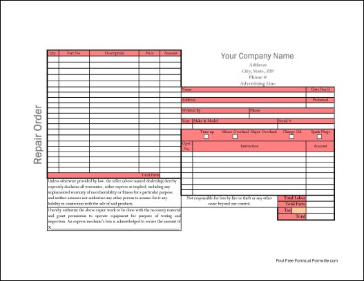 free simple automotive repair order from formville